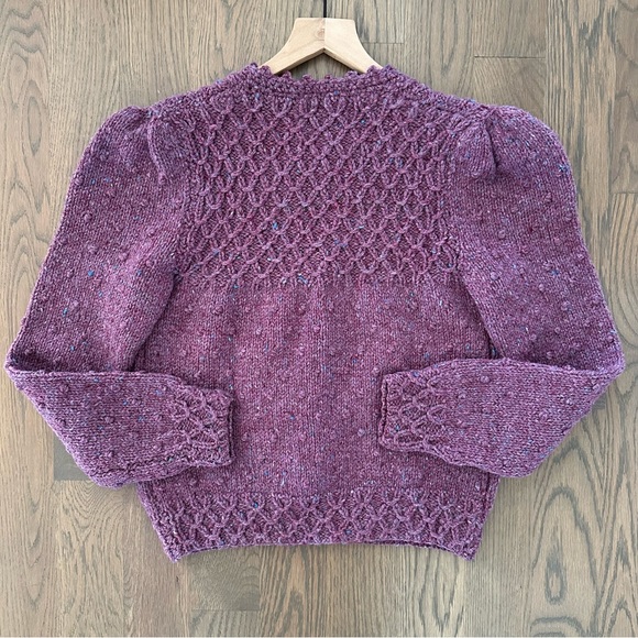 Vintage Hand Knit Wool Puff Sleeve Cardigan Sweater in Purple Blue Melange Small - Picture 8 of 9
